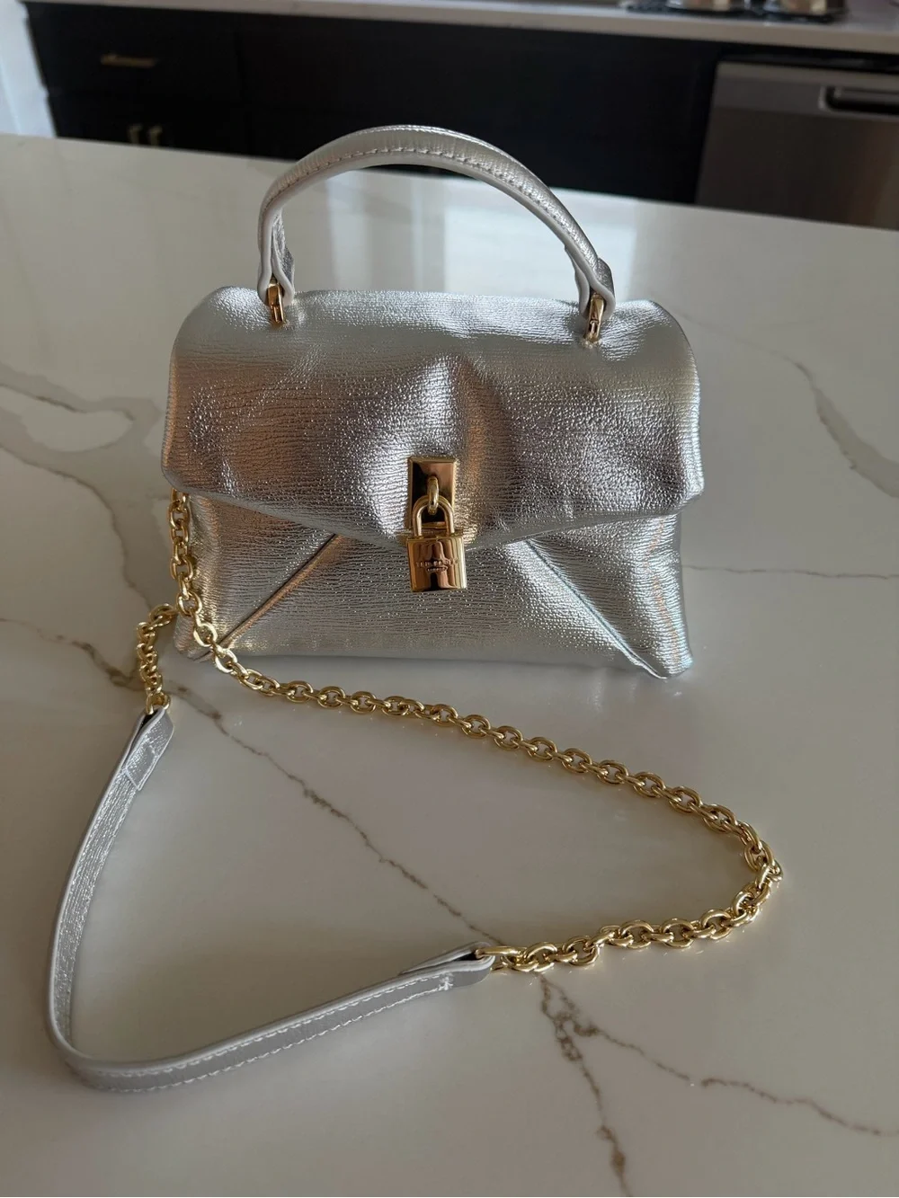 Ted Baker Silver Metallic Top Handle Satchel with Gold Lock